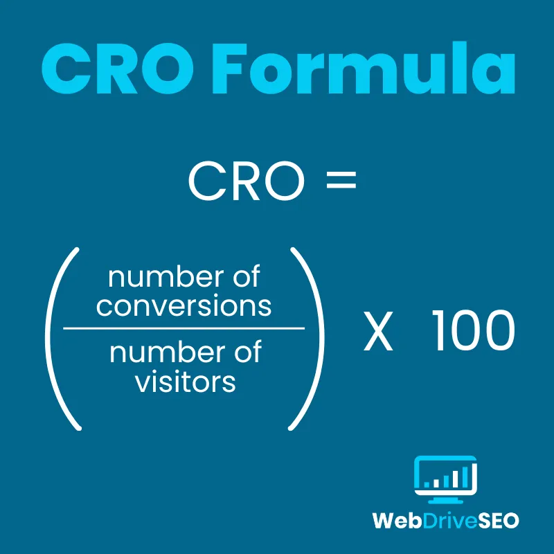 Conversion rate optimization formula - number of conversions over number of visitors times by 100 - WebDriveSEO